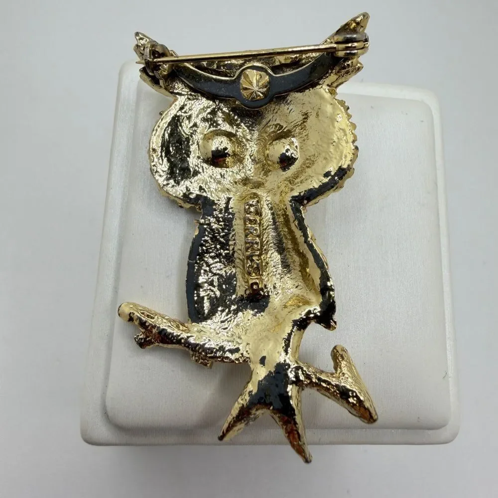 Vintage Gerry's gold tone owl‎ brooch/pin with red rhinestone eyes!